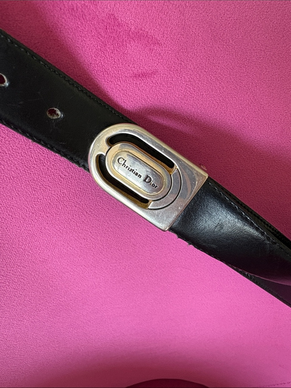 Vtg. Christian Dior Black Leather Belt with Signature Silver Buckle